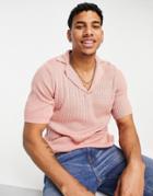 Asos Design Knitted Cable Polo T-shirt In Pink