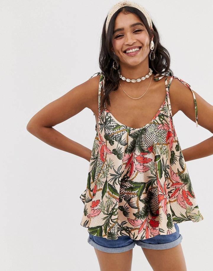 Asos Design Tie Shoulder Satin Swing Cami In Tropical Leaf Print-multi