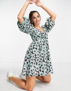 Asos Design Mini Textured Frill Smock Dress In Aqua Daisy Floral-blues