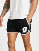 Asos Design Runner Shorts In Black With Piping And Text Print