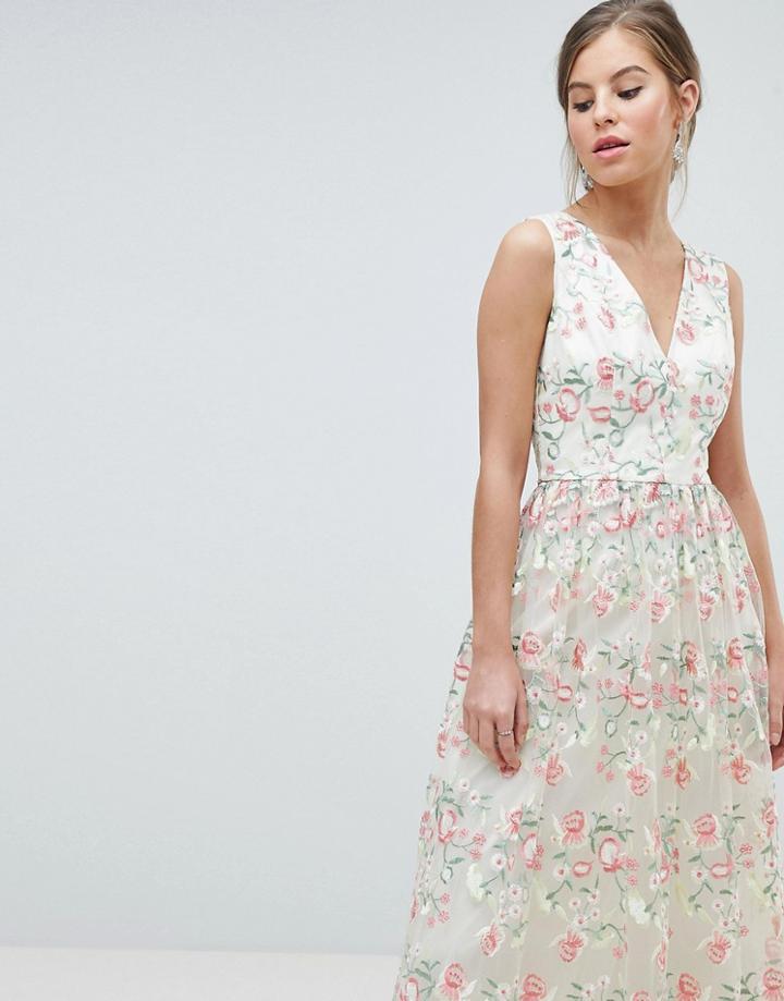 Chi Chi London Plunge Front Premium Embroidered Floral Maxi Prom Dress - Multi
