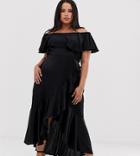 Flounce London Plus Bardot Satin Midi Dress With Frill At Hem In Black