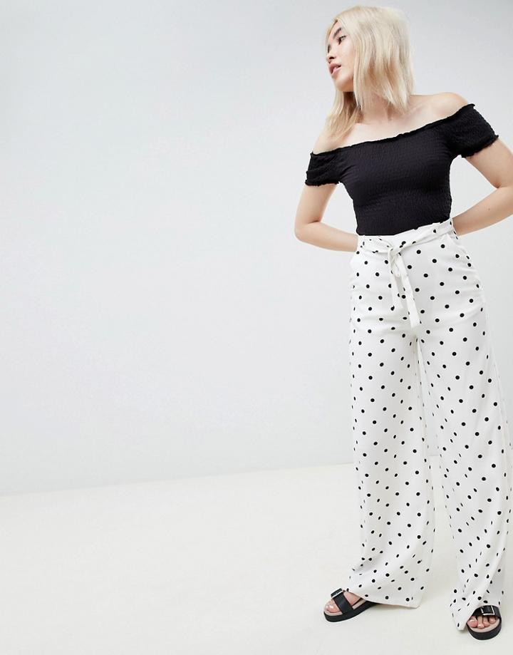 Pull & Bear Polka Dot Tie Waist Pants In White - White