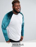 Asos Plus Longline Long Sleeve T-shirt With Velour Raglan Sleeves And Curve Hem - White