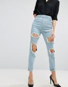 Asos Farleigh High Waist Slim Mom Jeans In Eternal Chalky Light Stonewash With Extreme Rips - Blue