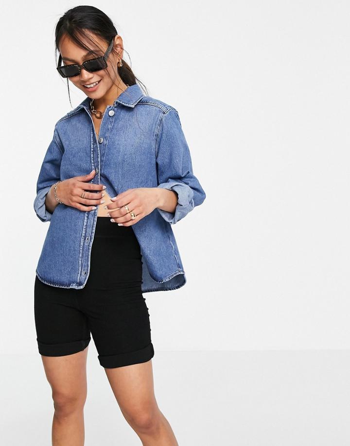 Selected Femme Denim Shirt In Mid Blue-blues