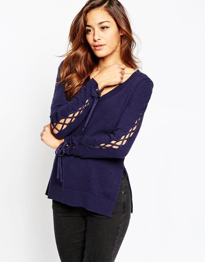 Asos Fine Sweater With Lace Up Sleeve Detail In Cashmere Mix - Navy