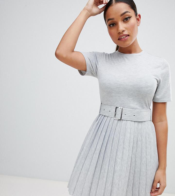 Asos Design Petite Mini Dress With Pleated Skirt And Belt - Gray