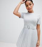 Asos Design Petite Mini Dress With Pleated Skirt And Belt - Gray
