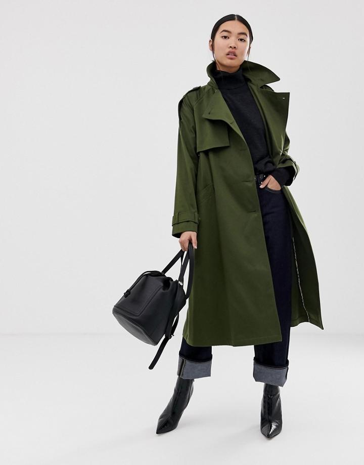 Asos Design Longline Trench Coat - Green