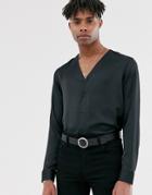 Asos Design Regular Fit Satin Collarless Button Through Shirt In Black - Black