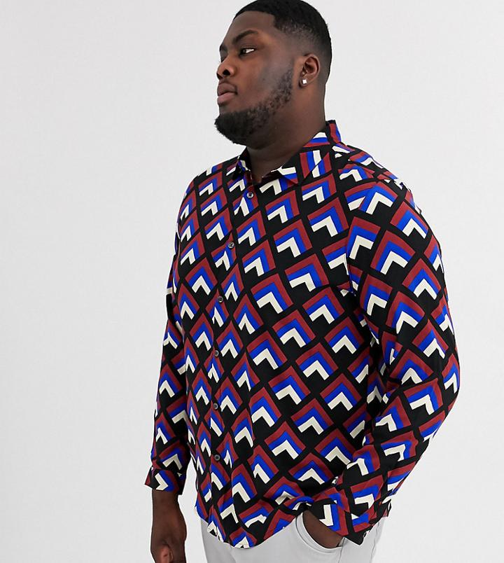 Asos Design Plus Regular Fit Shirt In Retro Geometric Print