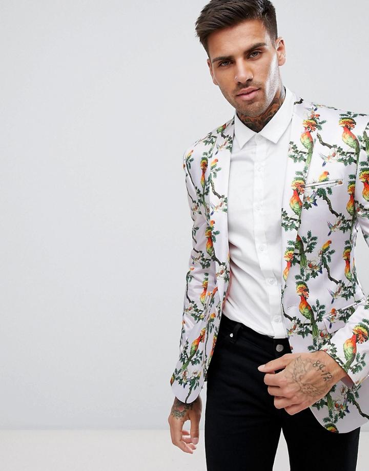 Asos Super Skinny Blazer With Pink Bird Print - Pink