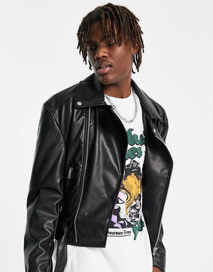 Asos Design Faux Leather Cropped Biker Jacket With Belt-black