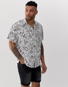 Boss Lapis Linen Floral Revere Collar Short Sleeve Shirt In White