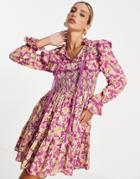 River Island Long Sleeve Shirred Yoke Mini Dress In Pink Floral-purple