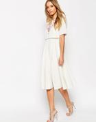 Asos Embellished Crop Top Midi Skater Dress With Short Sleeves - Ivory