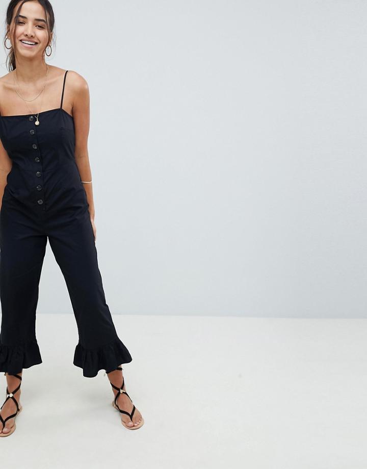 Asos Design Cotton Frill Hem Jumpsuit With Square Neck And Button Detail - Black