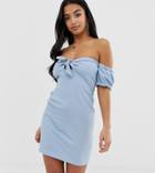 Asos Design Petite Off Shoulder Crinkle Sundress With Puff Sleeve - Blue