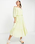 Selected Femme Midi Dress With Gathering And Tiered Full Skirt In Yellow