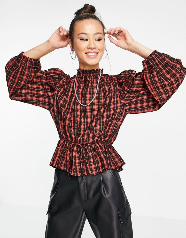 Topshop Frill Check Smock Top In Orange Check