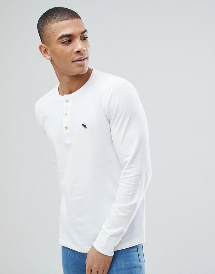 Abercrombie & Fitch Henley Contrast Placket Long Sleeve Top Tonal Logo In White - White