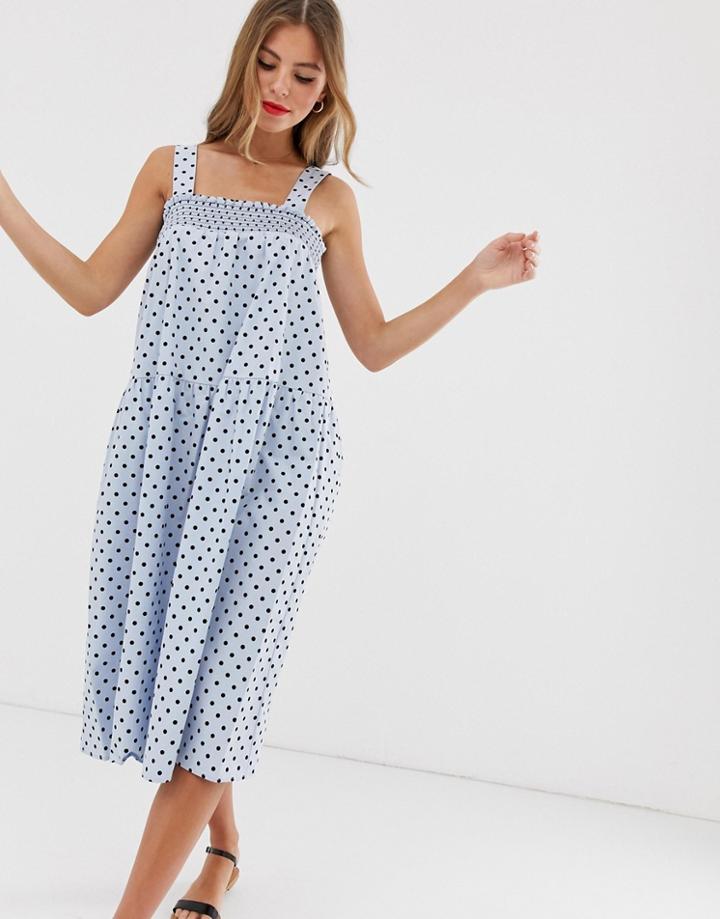 Asos Design Trapeze Midi Cotton Sundress In Polka Dot - Multi