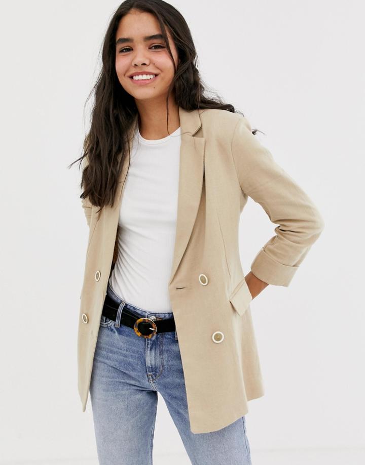 Bershka Longline Linen Double Breasted Blazer In Beige - Beige