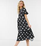 Blume Studio Maternity Short Sleeve Satin Smock Maxi Dress In Black Polka Dot