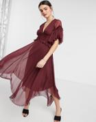 Asos Design Flutter Sleeve Midi Dress With Pleated Waist And Button Detail In Berry-red