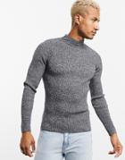 Asos Design Muscle Fit Ribbed Turtleneck Sweater In Black And White Twist-grey