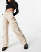 Bershka Organic Cotton Wide Leg Cargo Pant In Beige-brown