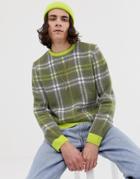 Asos Design Relaxed Fit Textured Check Sweater In Neon Green - Multi