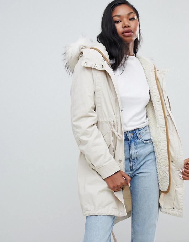 Bershka Long Line Parka With Faux Fur Hood - Multi