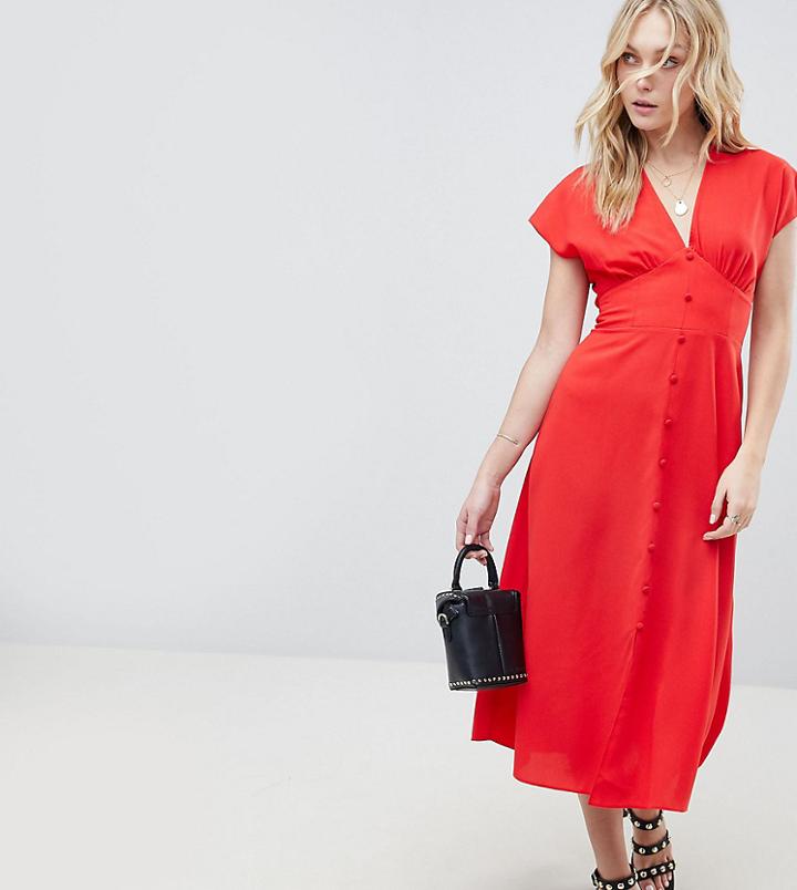 Asos Design Tall Button Through Midi Dress With Bow Back Detail - Orange