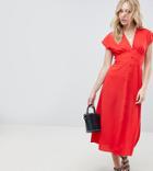 Asos Design Tall Button Through Midi Dress With Bow Back Detail - Orange