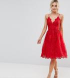 Chi Chi London Petite Premium Scalloped Lace Midi Dress - Red