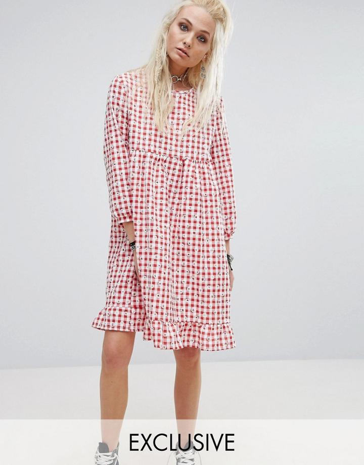 Milk It Vintage Smock Dress In Floral Gingham - Red