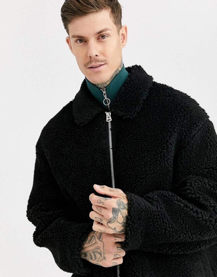 Asos Design Borg Harrington Jacket In Black