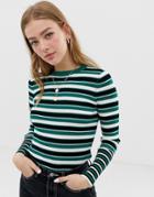 Only Multi Stripe Ribbed Top - Green