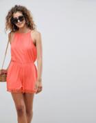 Asos Design Jersey Halter Neck Romper With Tassel Hem-pink