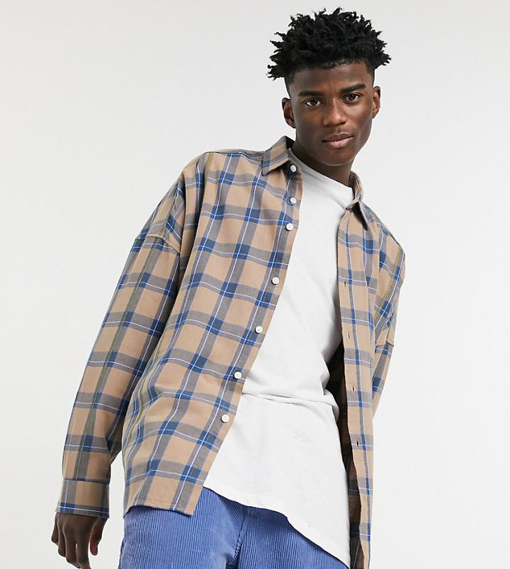 Collusion Oversized Shirt With Overstitching In Beige Check-neutral