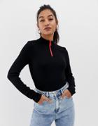 Asos Design Fitted Top In Rib With Long Sleeve And Contrast Zip-black