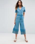 Asos Cotton Jumpsuit In Chambray With Embroidery - Blue