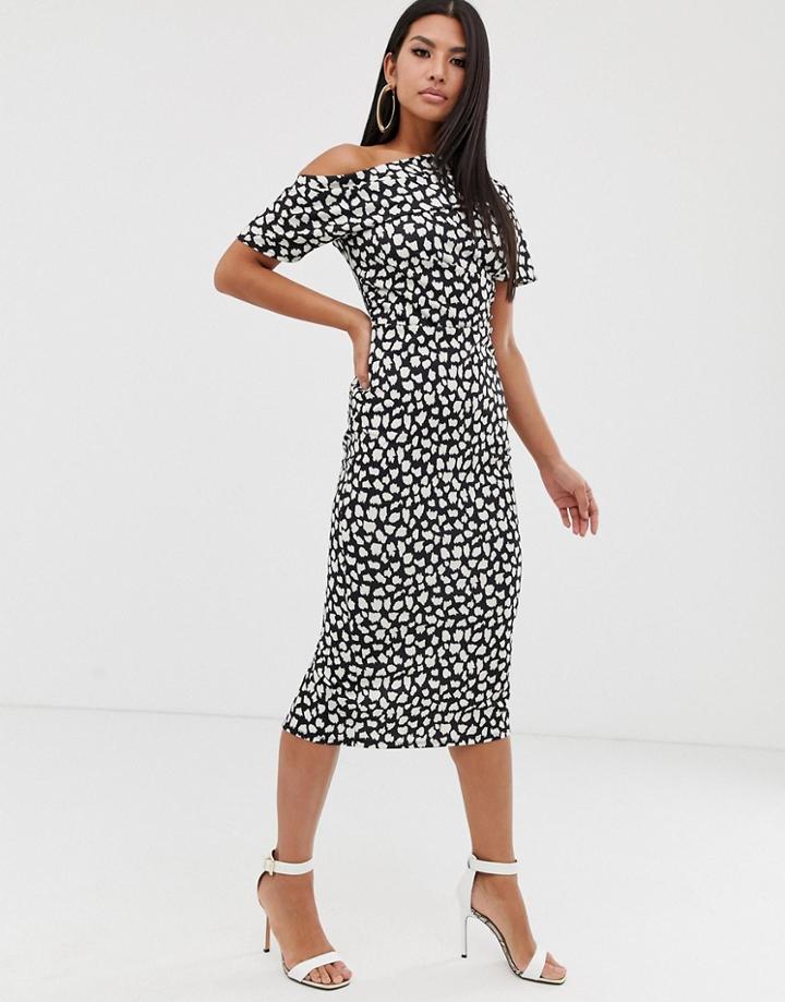 Asos Design Pleated Shoulder Pencil Dress In Mono Polka Dot - Multi
