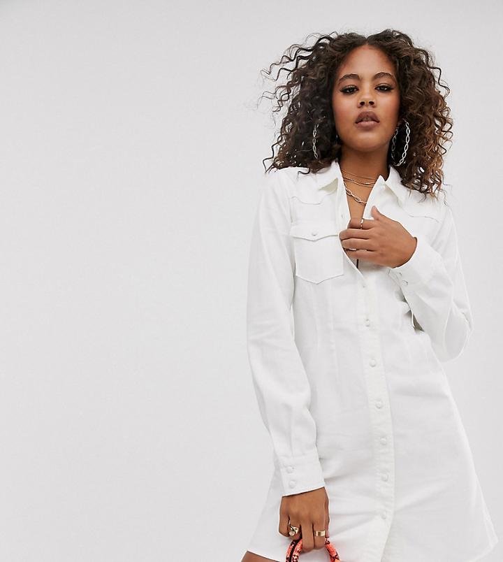 Asos Design Tall Denim Fitted Western Shirt Dress In White - White