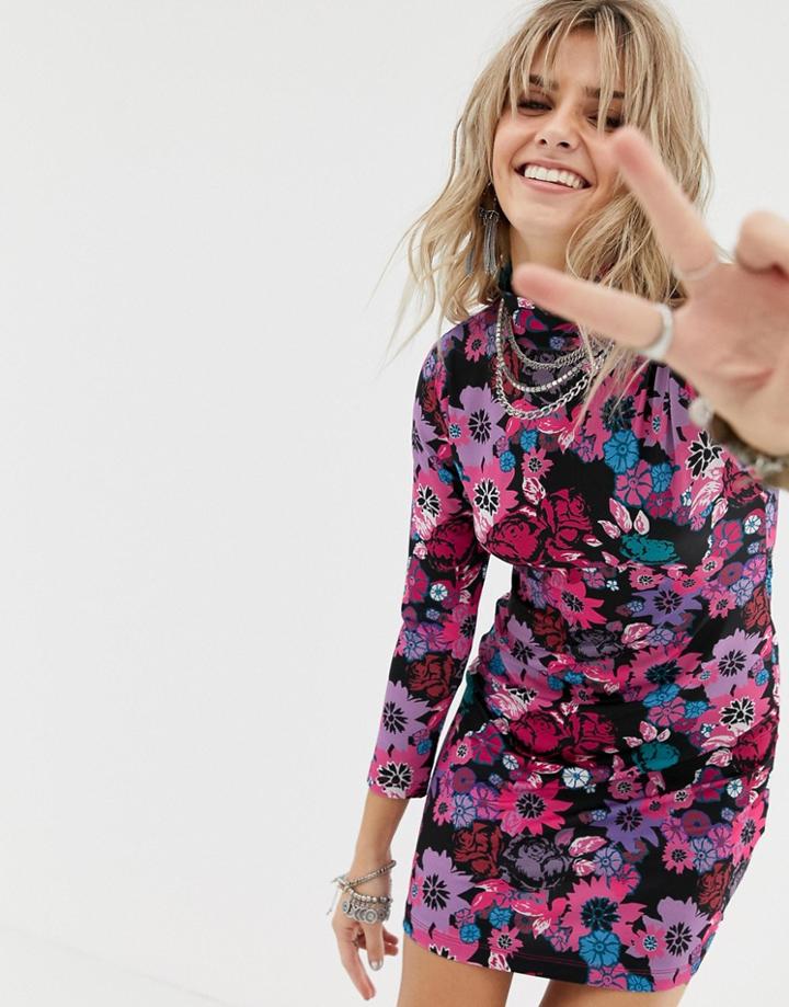 Sacred Hawk Bodycon Dress In Retro Floral - Purple