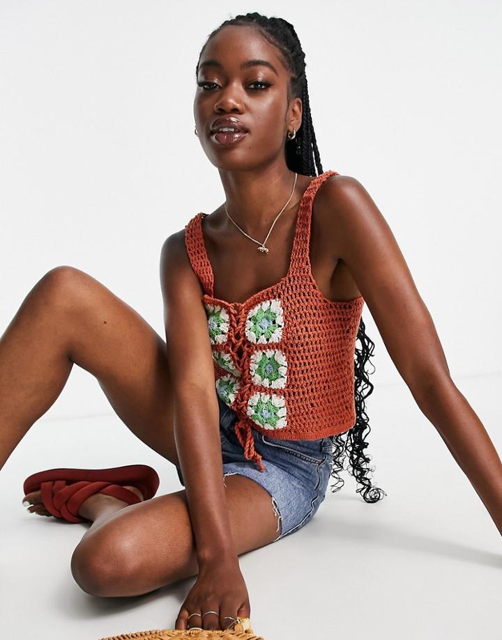 Asos Design Crochet Top With Lace Up Front Detail In Brown