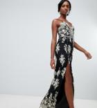 Chi Chi London Tall Scalloped Plunge Maxi Prom Dress With Gold Embroidery In Black - Black