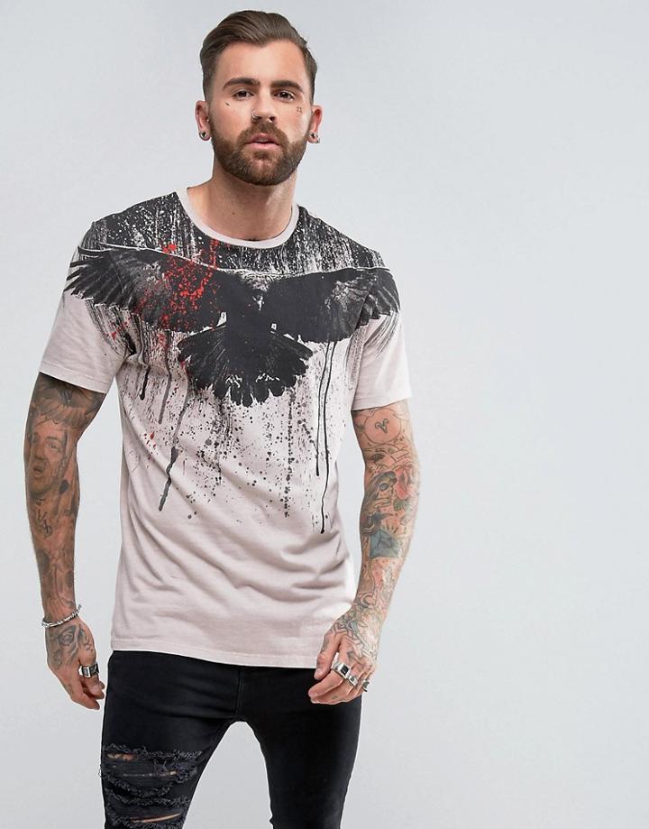 Asos Longline T-shirt With Bird Yoke Print - Beige